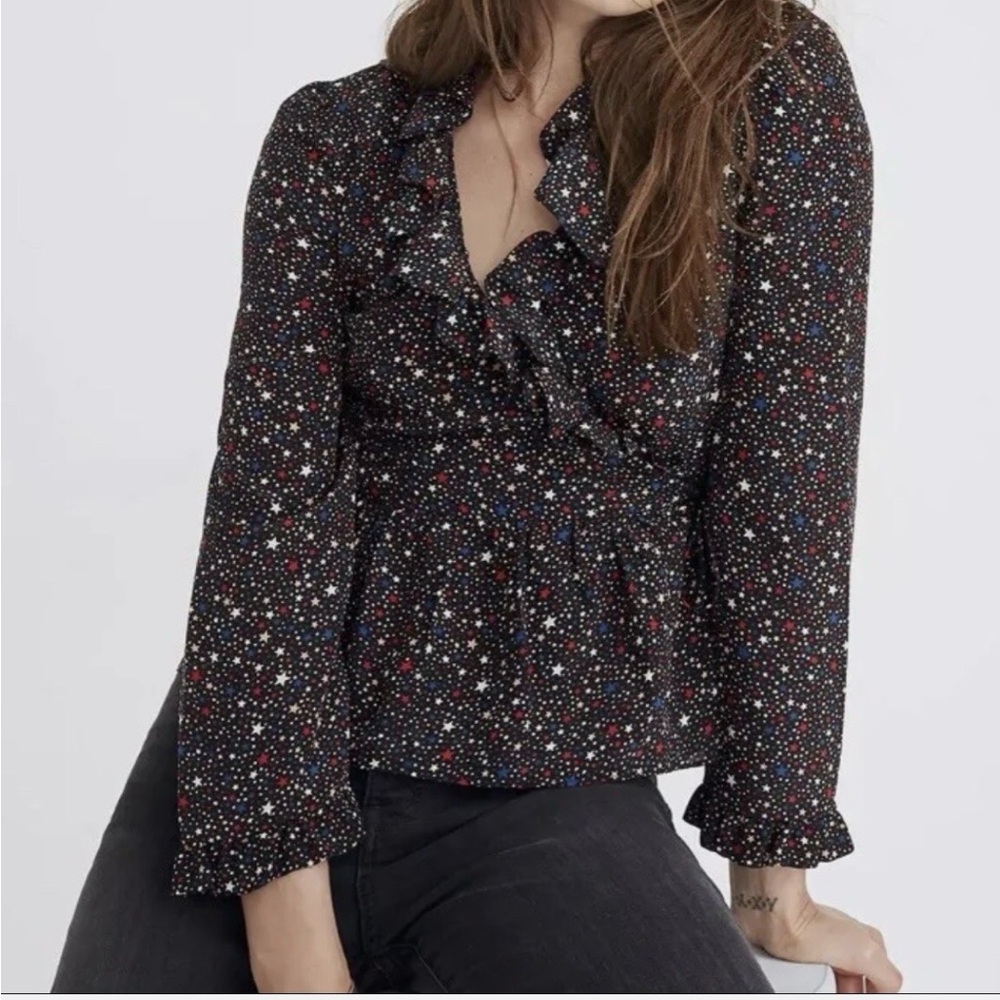 Madewell Black Starry night Print Ruffle hem silk wrap top Sz med- see msmts